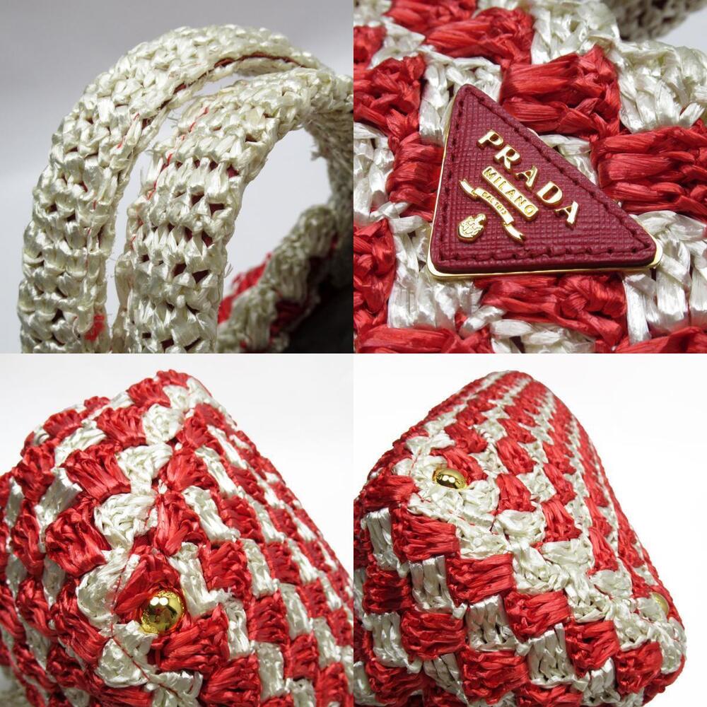 Prada Straw Red White Handbag Canapa Tan Gold Off White Gold - Picture 3 of 5